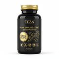 Black bottle of TITAN Organic Grape Seed Extract with gold lid, text, and grape vine illustration on matte black label.