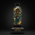 TITAN Organic Green Juice bottle with colorful fruit and vegetable illustrations, gold crown logo, on black background.