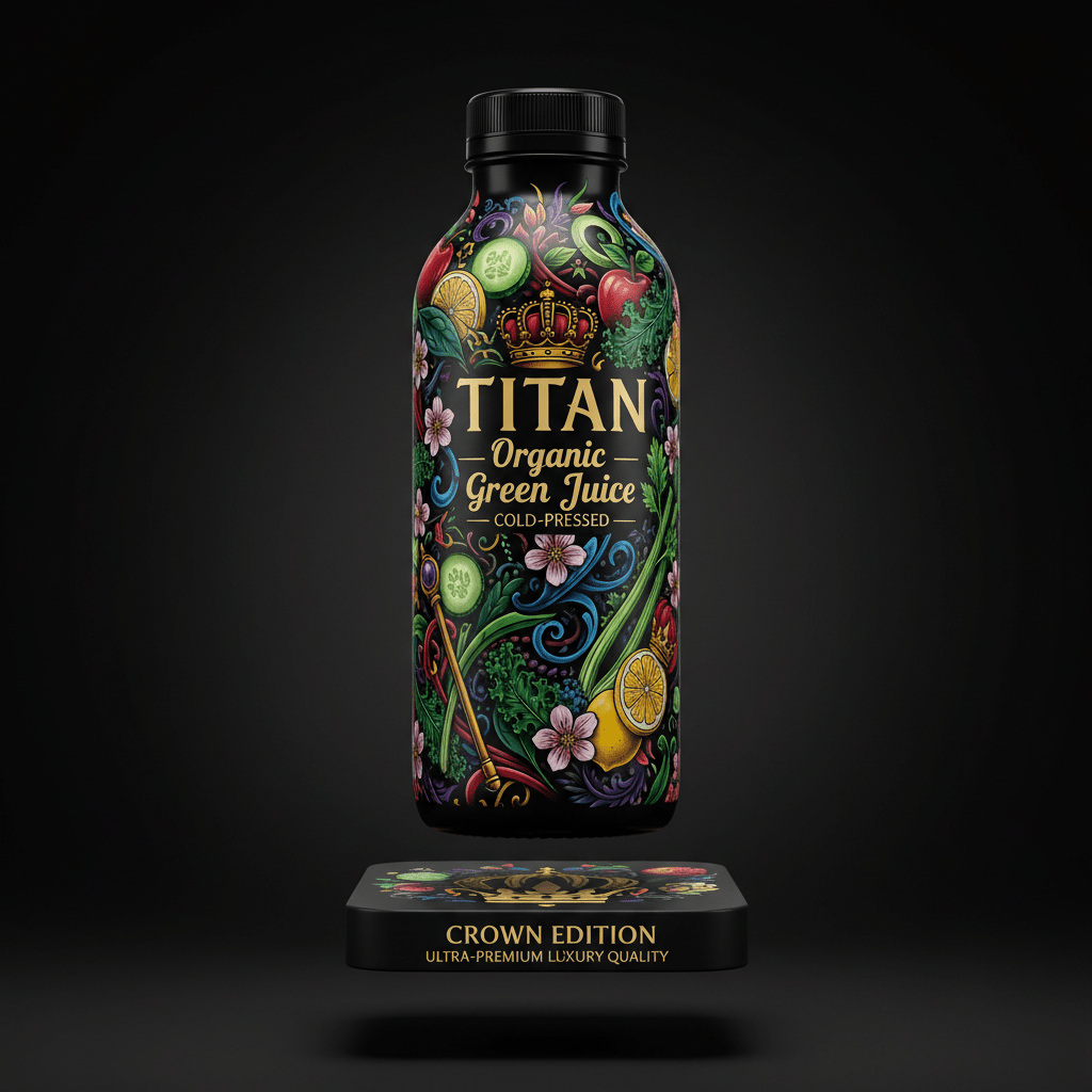 TITAN Organic Green Juice bottle with colorful fruit and vegetable illustrations, gold crown logo, on black background.