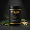 Black tub of Titan Organic Greens with gold logo, lion icon, and ingredients like kale, blueberries, and ginger.