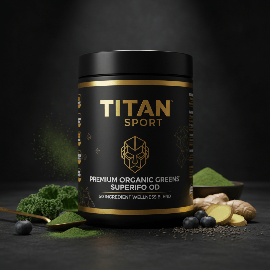 Black tub of Titan Organic Greens with gold logo, lion icon, and ingredients like kale, blueberries, and ginger.