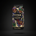 TITAN organic unsweetened hemp milk carton with ornate crown illustrations, colorful floral art, and cream swirls.