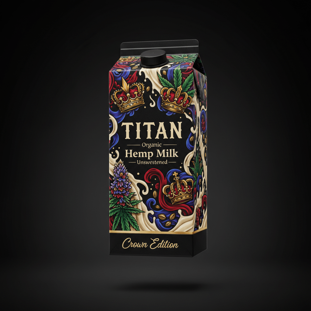 TITAN organic unsweetened hemp milk carton with ornate crown illustrations, colorful floral art, and cream swirls.
