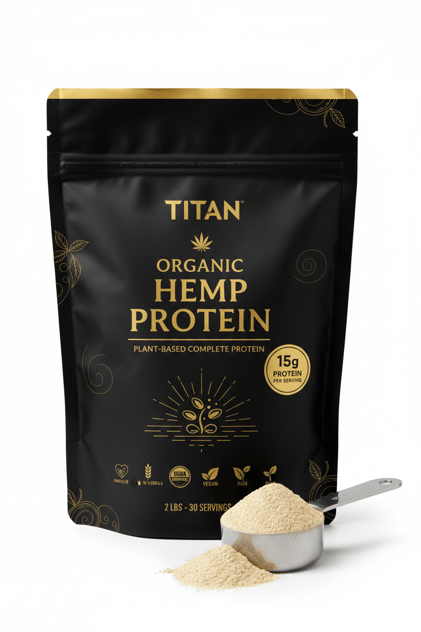 Black TITAN organic hemp protein bag with gold text, plant icons, 15g protein label, and a scoop of beige powder.