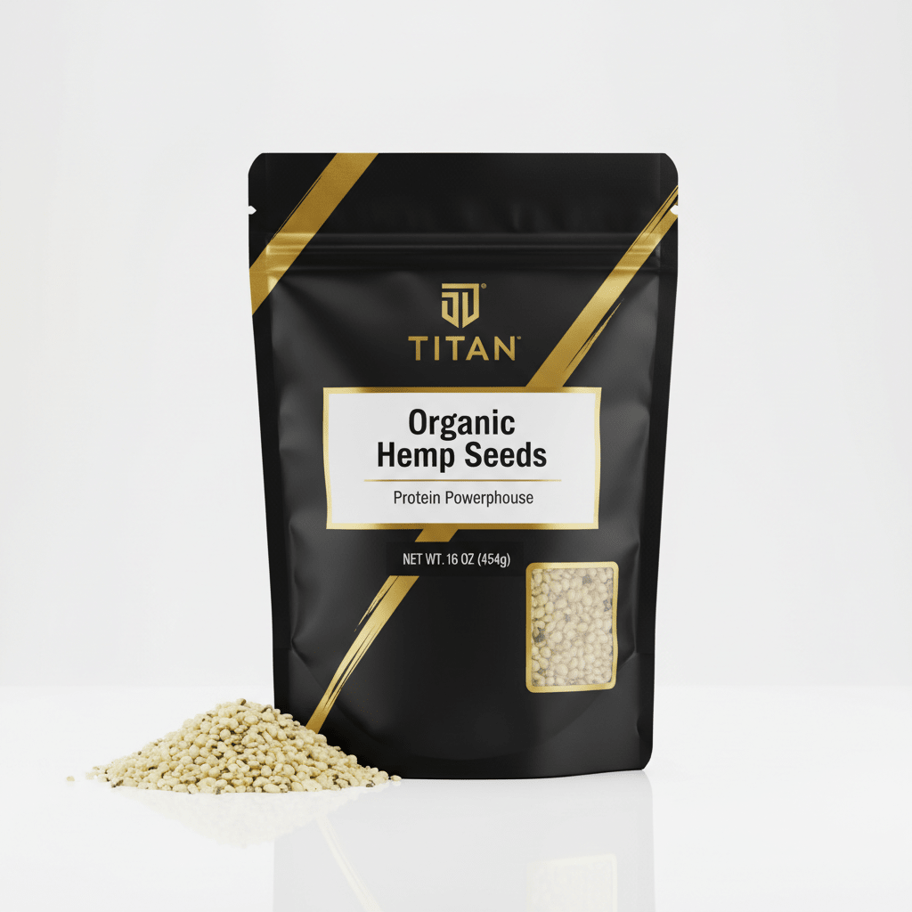 Black pouch of Titan Organic Hemp Seeds with gold accents, central white label, and clear window showing seeds.