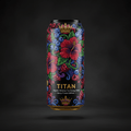 Titan Berry energy drink can with vibrant hibiscus, berries, and gold crown illustrations on a black background.
