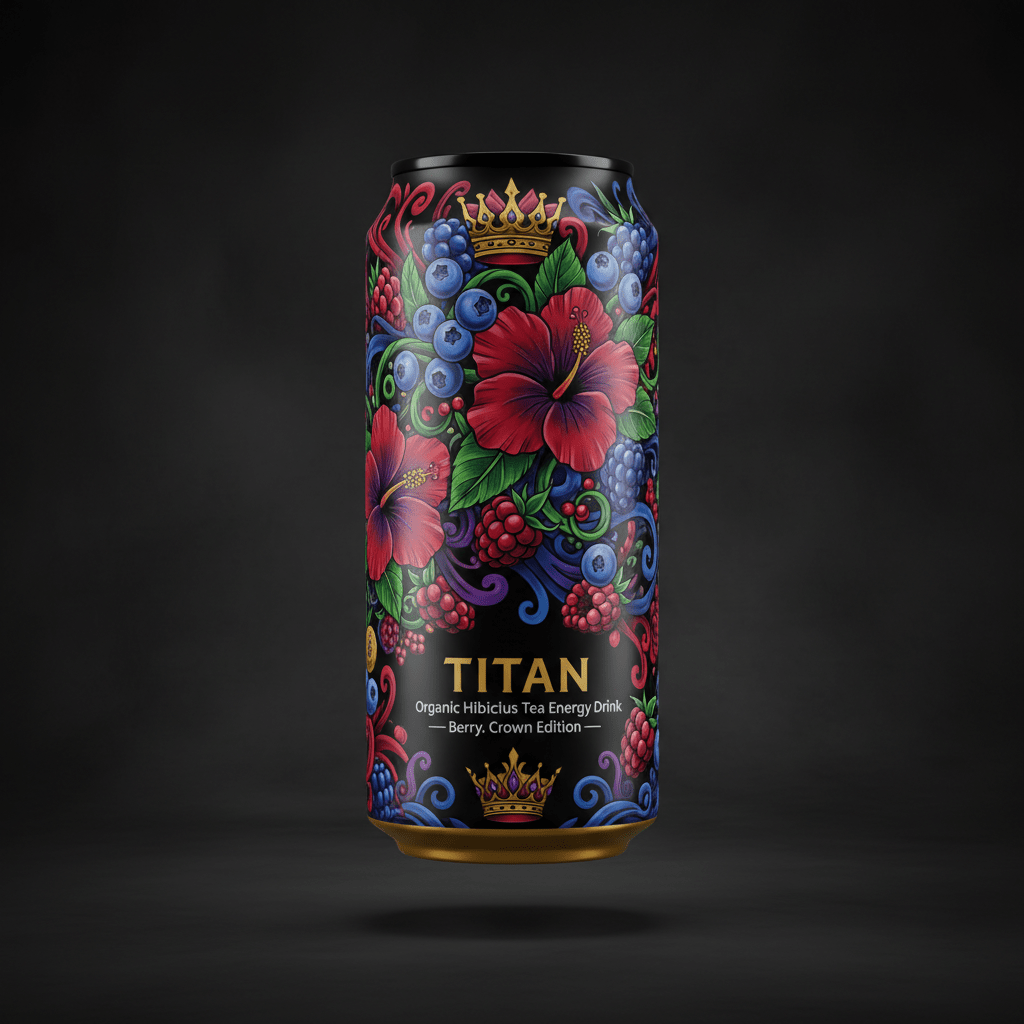 Titan Berry energy drink can with vibrant hibiscus, berries, and gold crown illustrations on a black background.