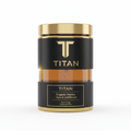 TITAN Organic Raw Honey jar with gold lid, black labels featuring gold text and logo, isolated on a white background.