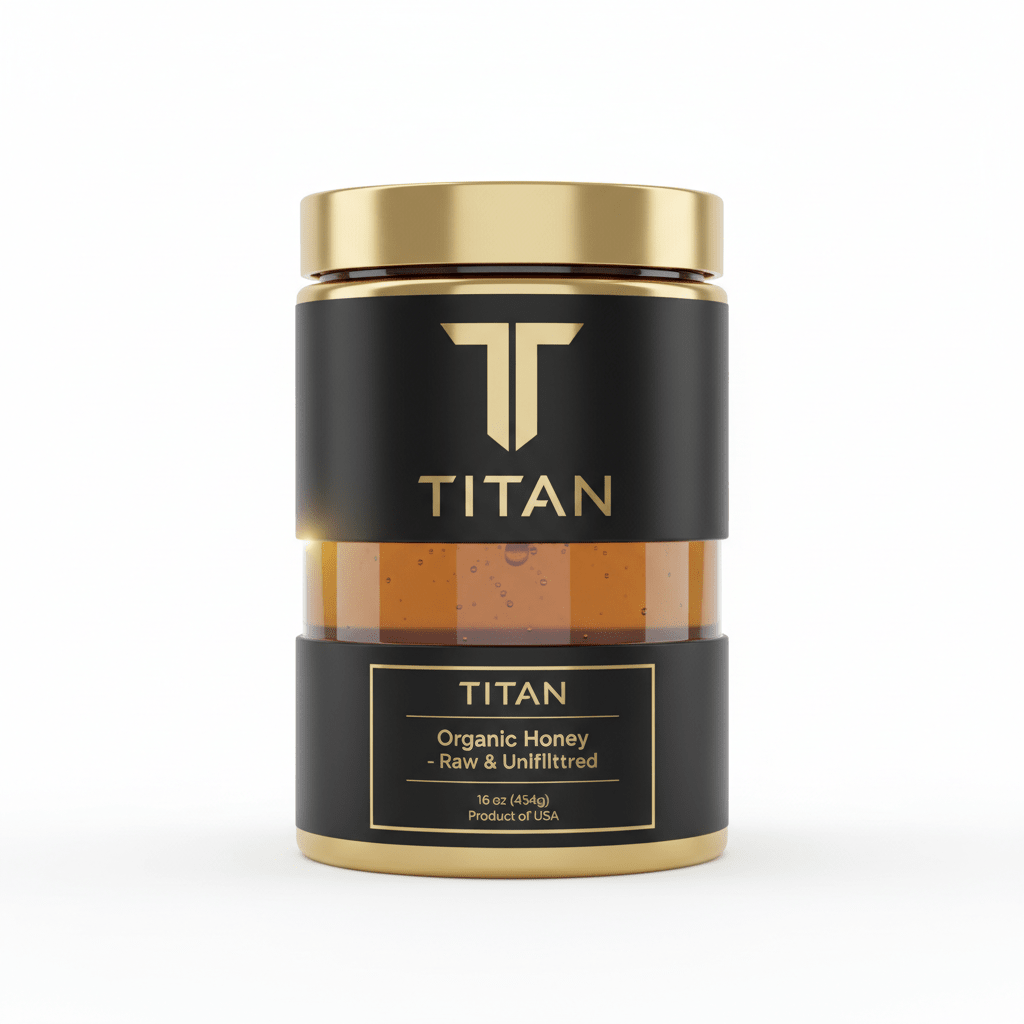 TITAN Organic Raw Honey jar with gold lid, black labels featuring gold text and logo, isolated on a white background.