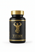 Black bottle with gold cap and label featuring a gold muscular figure, the text TITAN, and joint support branding.