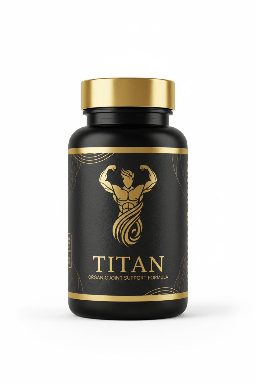Black bottle with gold cap and label featuring a gold muscular figure, the text TITAN, and joint support branding.