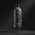 TITAN Organic Kombucha Blueberry Acai bottle featuring ornate, dark botanical art and gold crown motifs on black.