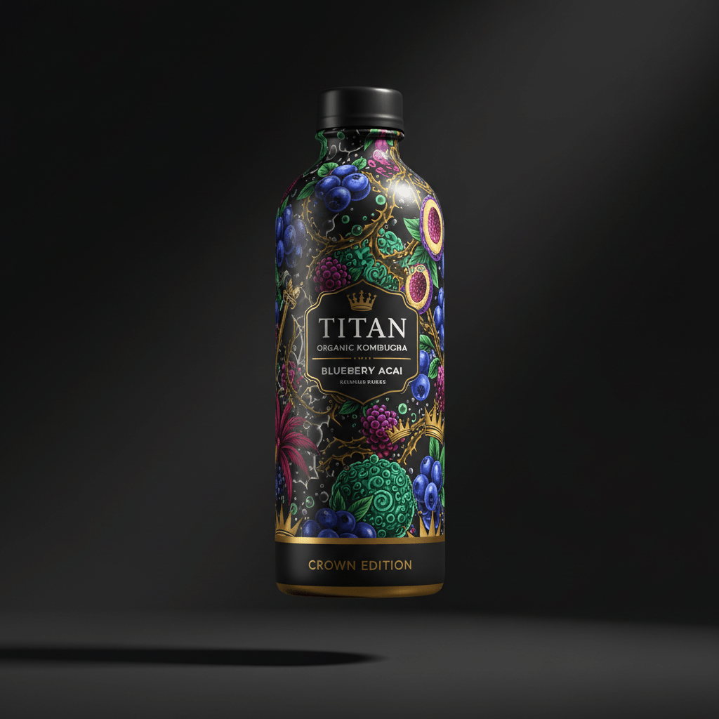 TITAN Organic Kombucha Blueberry Acai bottle featuring ornate, dark botanical art and gold crown motifs on black.