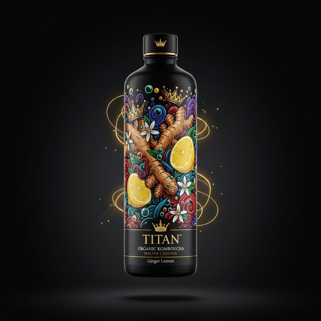 Black bottle of TITAN Ginger Lemon kombucha with vibrant floral, ginger, and lemon graphics against golden light rings.
