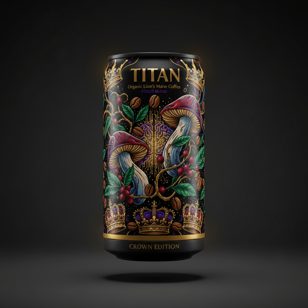 Black can with ornate gold crowns, coffee beans, leaves, and mushroom illustrations surrounding a central brain icon.
