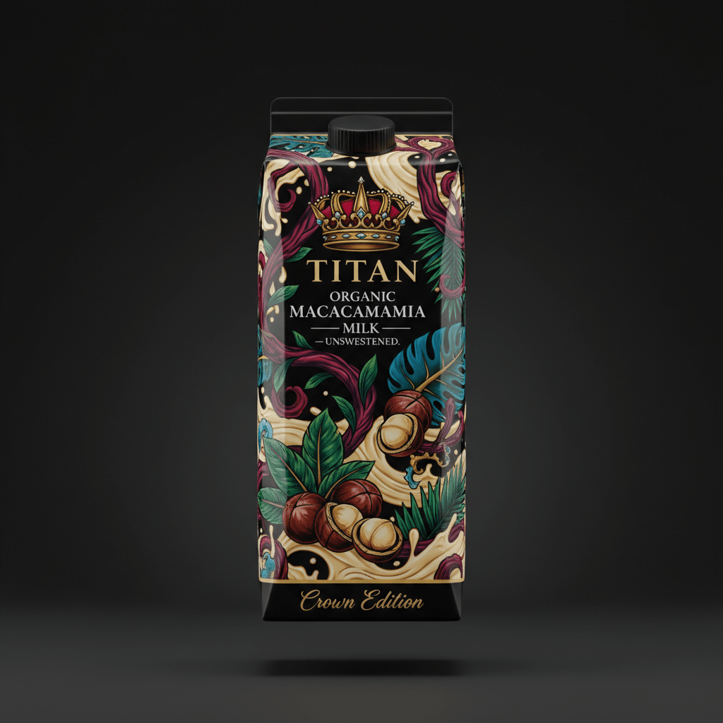 TITAN Organic Unsweetened Macadamia Milk carton with crown logo, tropical leaves, and nuts on a black background.