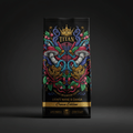 Black bag of Titan Organic Mushroom Coffee with vibrant, colorful art of mushrooms, brain, crown, and coffee beans.