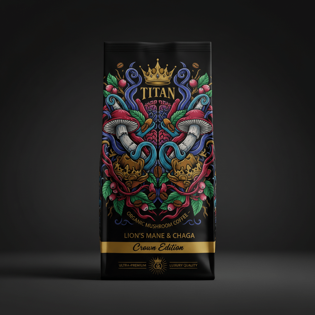 Black bag of Titan Organic Mushroom Coffee with vibrant, colorful art of mushrooms, brain, crown, and coffee beans.