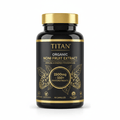Black bottle with gold cap and label, featuring TITAN Organic Noni Fruit Extract text, gold leaf graphics, 90 capsules.