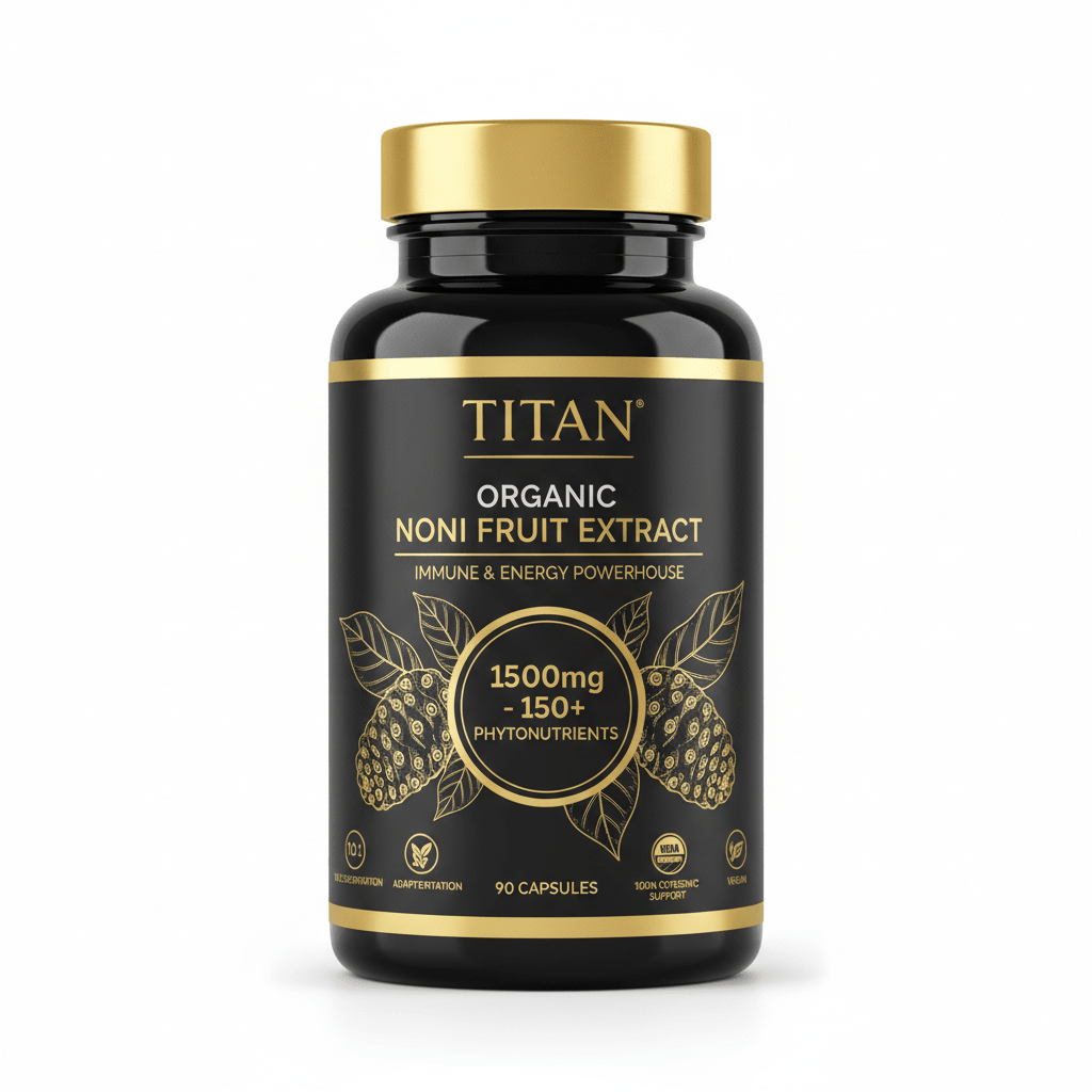 Black bottle with gold cap and label, featuring TITAN Organic Noni Fruit Extract text, gold leaf graphics, 90 capsules.