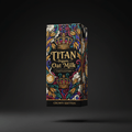 TITAN Organic Oat Milk Barista Edition carton with ornate, colorful floral patterns, gold crowns, and latte art on black.