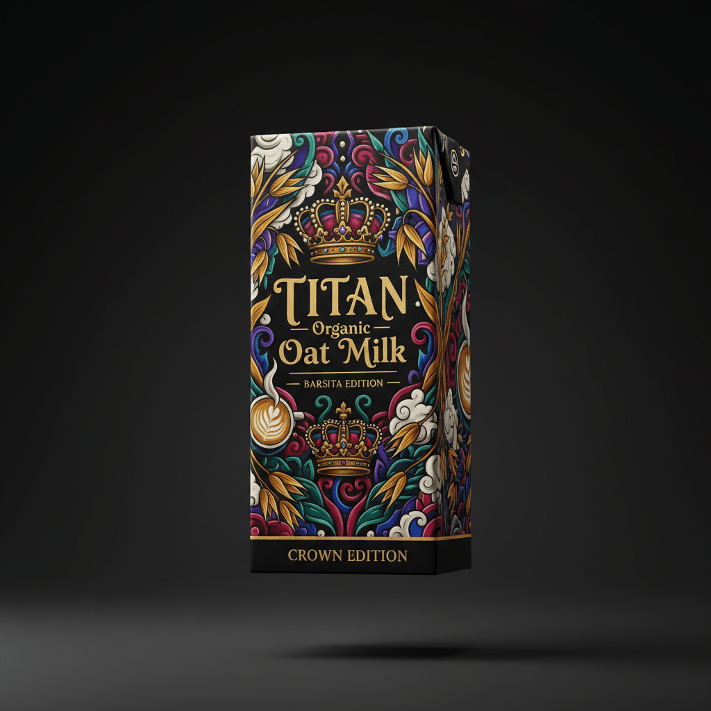 TITAN Organic Oat Milk Barista Edition carton with ornate, colorful floral patterns, gold crowns, and latte art on black.