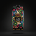 TITAN Organic Pea Milk carton with ornate, colorful floral and pea pod graphics and a gold crown logo on black.