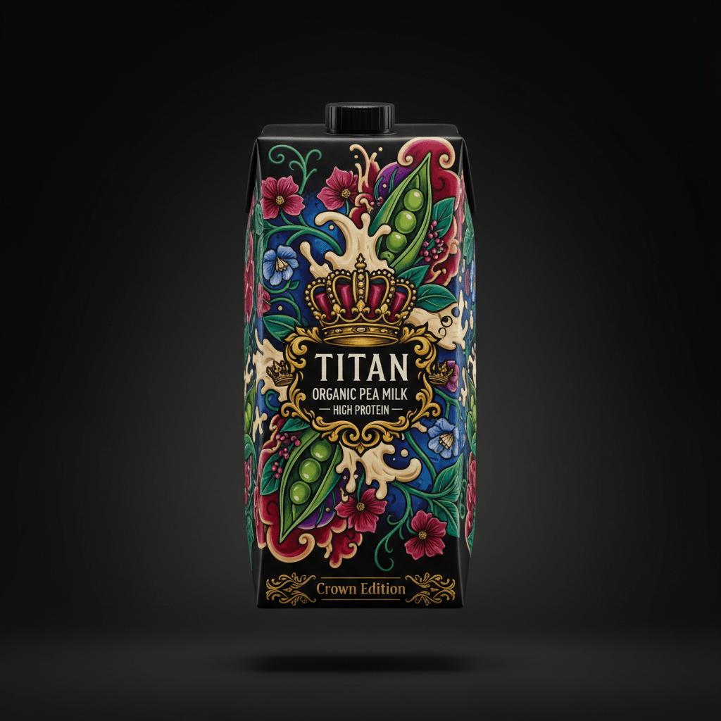 TITAN Organic Pea Milk carton with ornate, colorful floral and pea pod graphics and a gold crown logo on black.