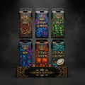 TITAN Organic Plant Milk variety pack: six black cartons with vibrant, crown-themed, ornamental illustrations.