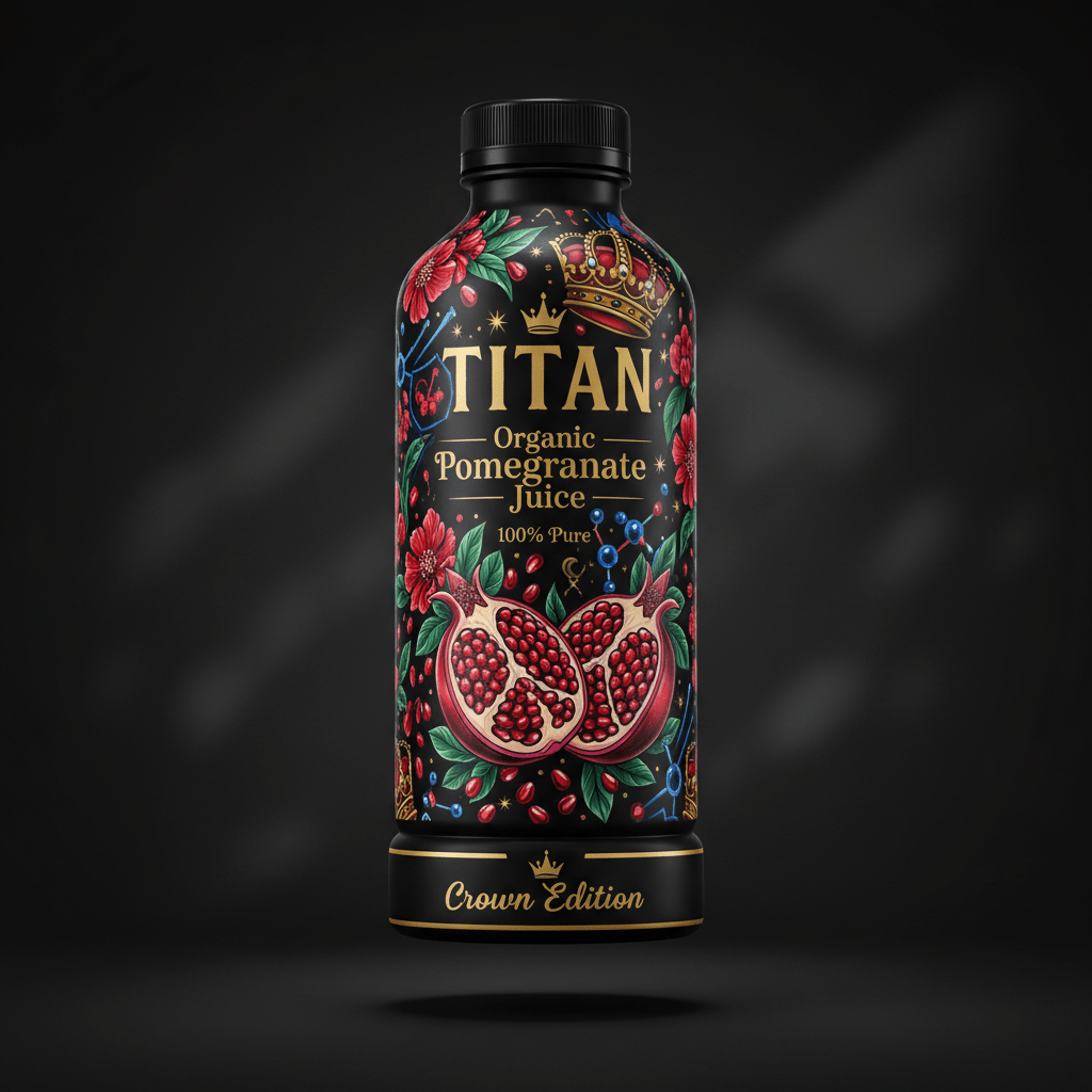 Black bottle of TITAN Organic Pomegranate Juice with floral art, a crown graphic, and gold typography on black.