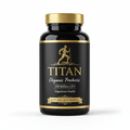 Black supplement bottle with gold cap, Titan logo, and "100 Billion CFU Organic Probiotic" label on white background.