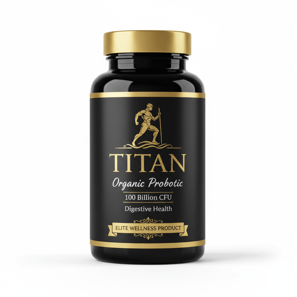 Black supplement bottle with gold cap, Titan logo, and "100 Billion CFU Organic Probiotic" label on white background.