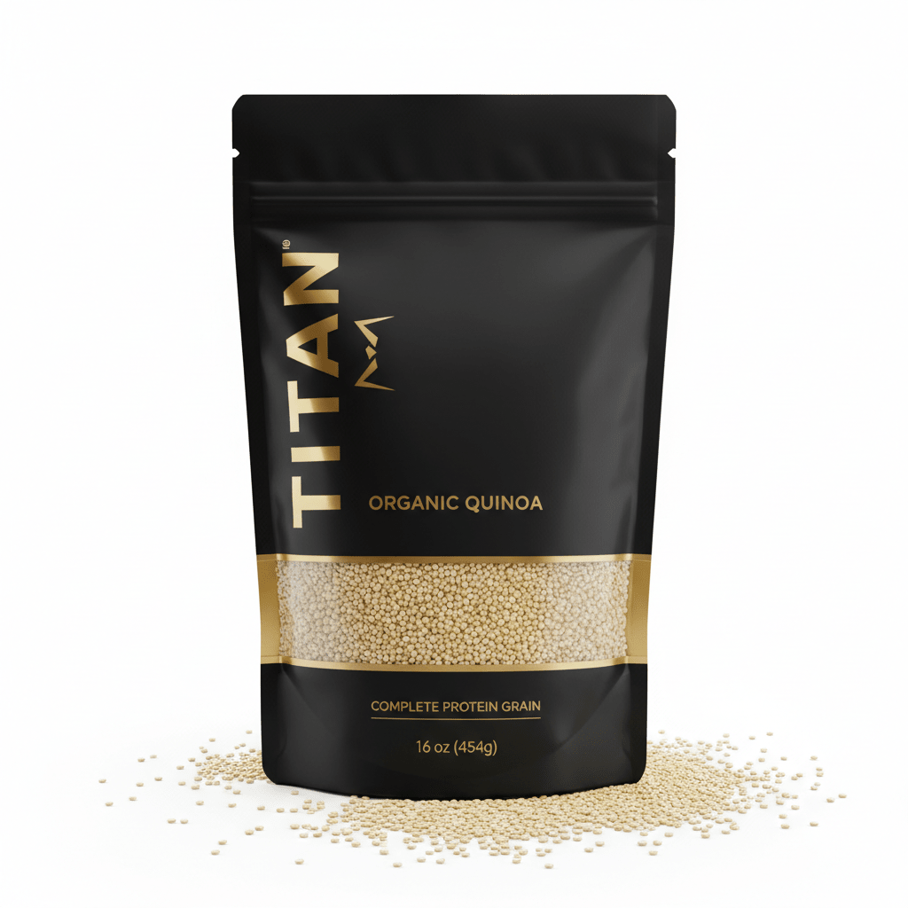 Black stand-up pouch of TITAN Organic Quinoa with gold text and a clear window showing light-colored grain.