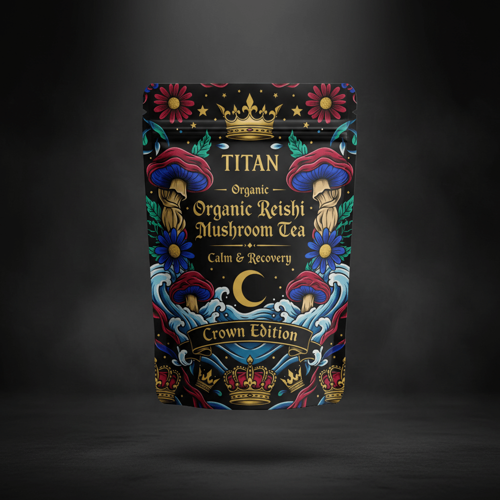 TITAN Organic Reishi Tea pouch with black background, gold crowns, colorful mushrooms, and floral folk-art design.