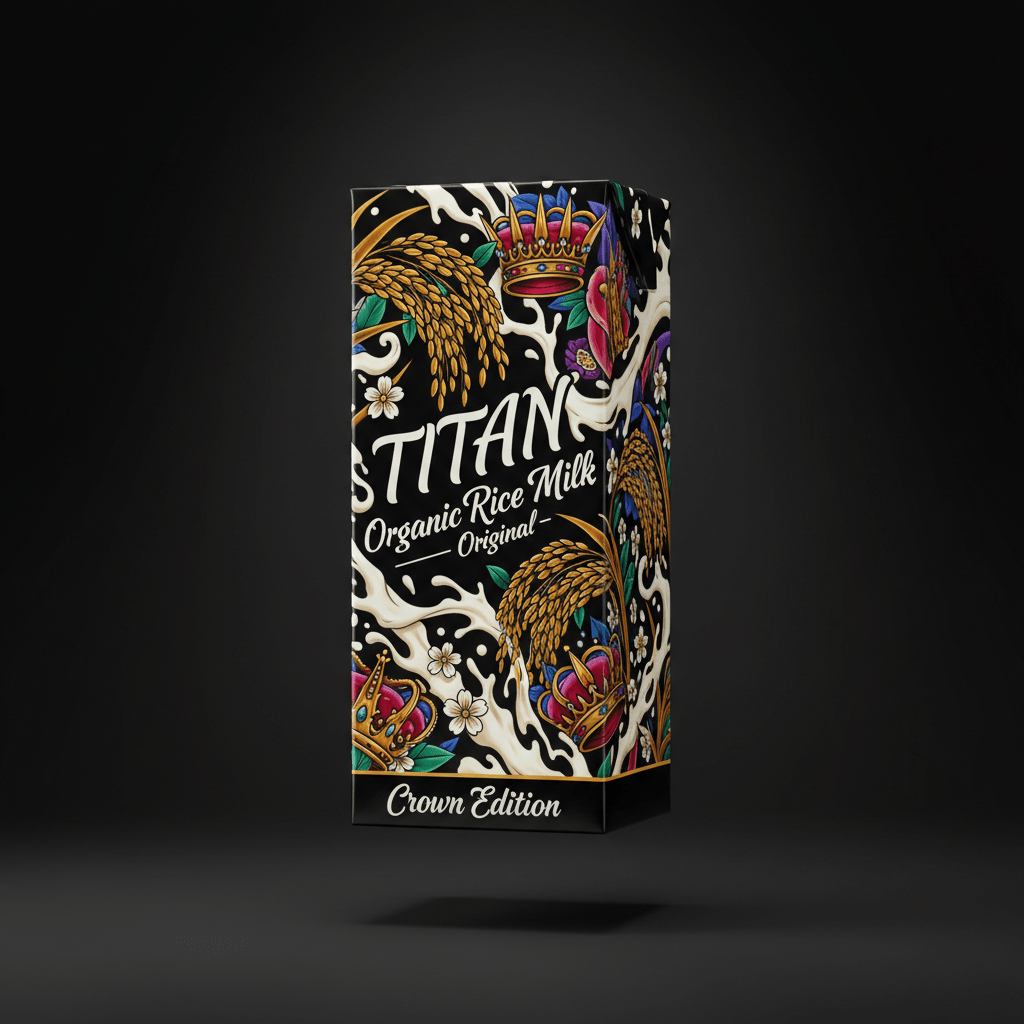 TITAN Organic Rice Milk carton features ornate crowns, golden rice stalks, and milk splashes on a black background.