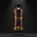 TITAN chocolate protein shake bottle featuring gold crowns, cocoa beans, and swirling purple and red floral patterns.