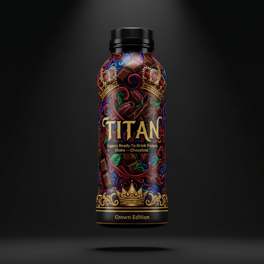 TITAN chocolate protein shake bottle featuring gold crowns, cocoa beans, and swirling purple and red floral patterns.
