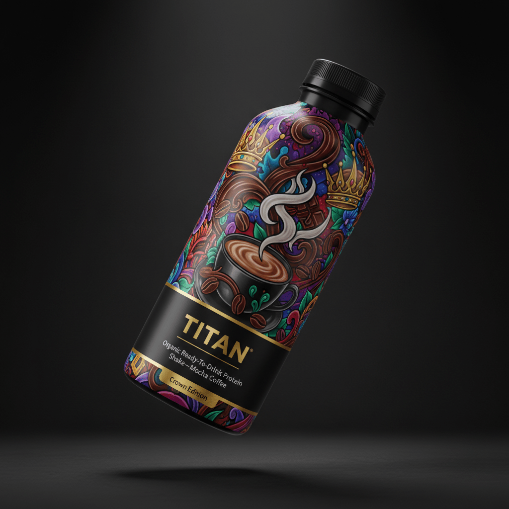 TITAN protein shake bottle with vibrant, artistic coffee-themed wrap, gold crowns, and black label on dark background.