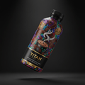 TITAN Mocha Coffee protein shake bottle with vibrant, crown-patterned graphic art on a black background.