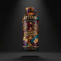 TITAN Salted Caramel protein shake bottle with gold crowns, caramel drips, and crystal art on a black background.