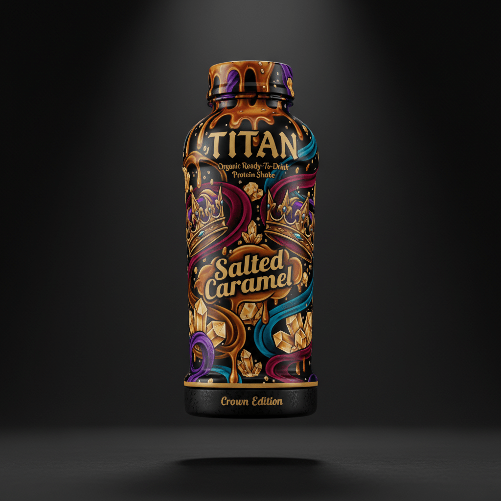 TITAN Salted Caramel protein shake bottle with gold crowns, caramel drips, and crystal art on a black background.