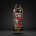 TITAN Strawberry protein shake bottle with vibrant floral, fruit, and gold crown art on a black background.