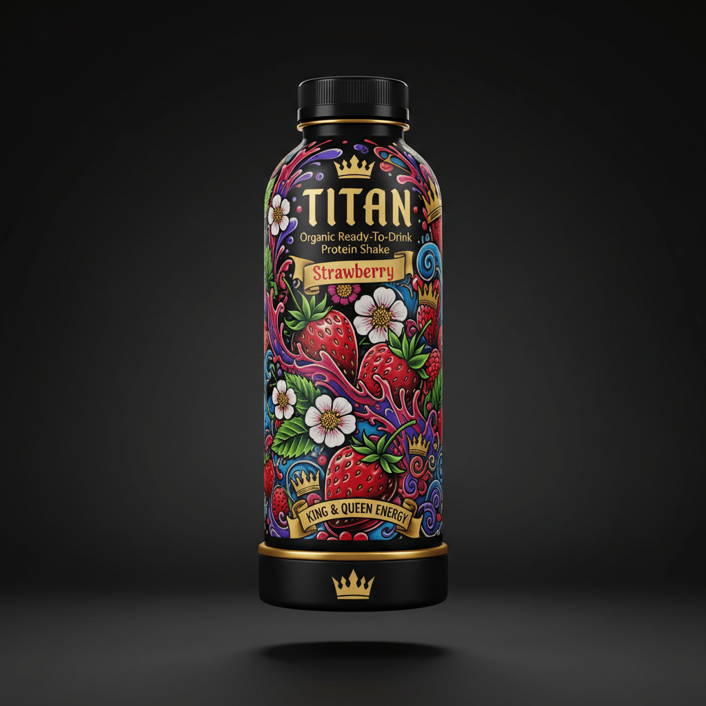 TITAN Strawberry protein shake bottle with vibrant floral, fruit, and gold crown art on a black background.