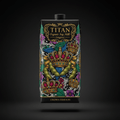 TITAN Organic Soy Milk carton featuring ornate crowns, soy pods, and floral art in a gold, purple, and green palette.