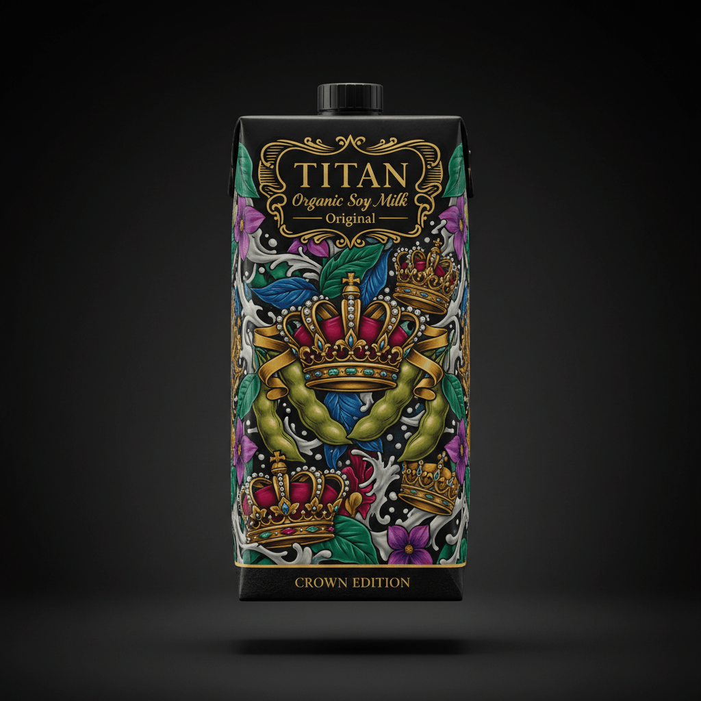 TITAN Organic Soy Milk carton featuring ornate crowns, soy pods, and floral art in a gold, purple, and green palette.
