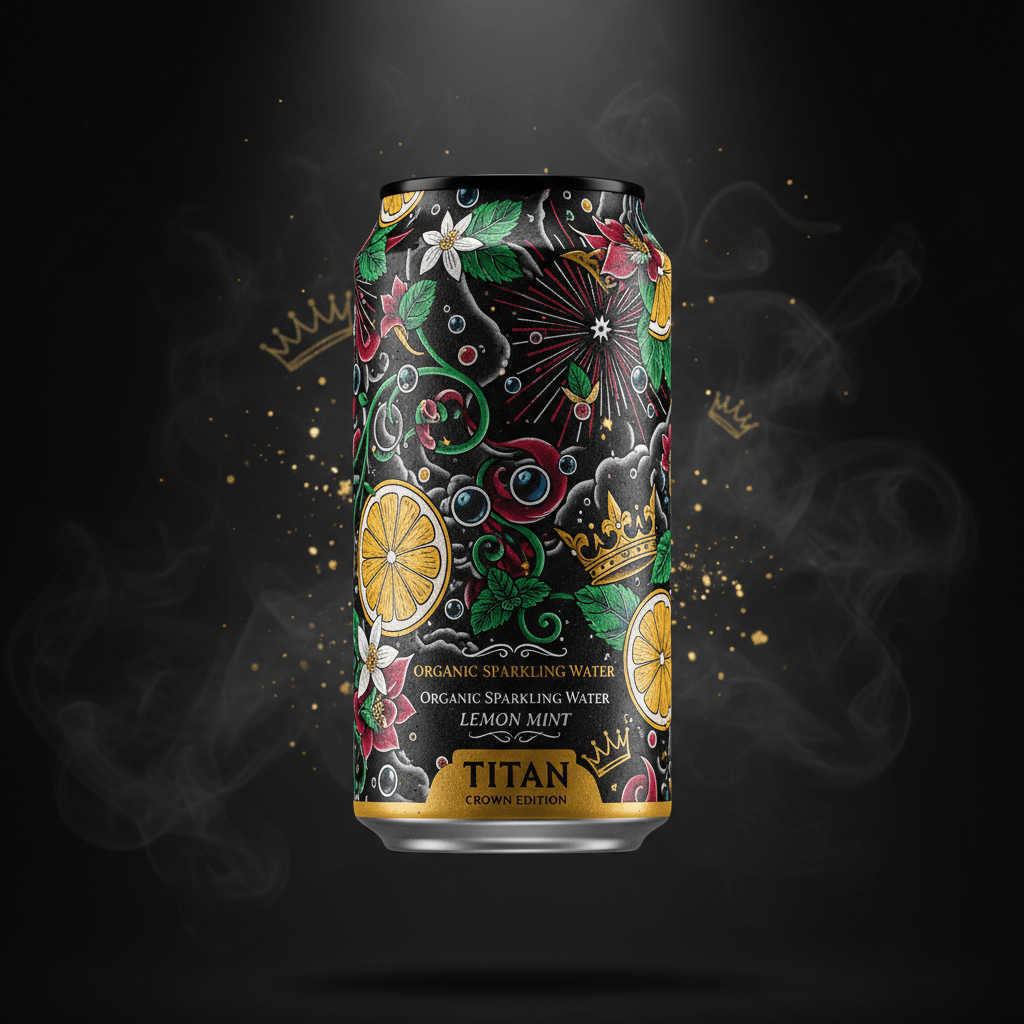 TITAN Organic Lemon Mint sparkling water in a black can with vibrant floral, lemon, and crown tattoo-style art.