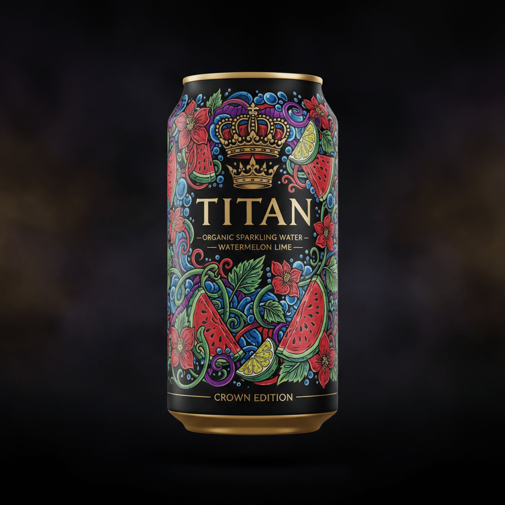 TITAN Watermelon Lime sparkling water can with vibrant floral, fruit, and crown art on a black background.