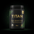 Black jar of TITAN Organic Spirulina Powder with gold text, green accents, and a Best Seller badge on black background.
