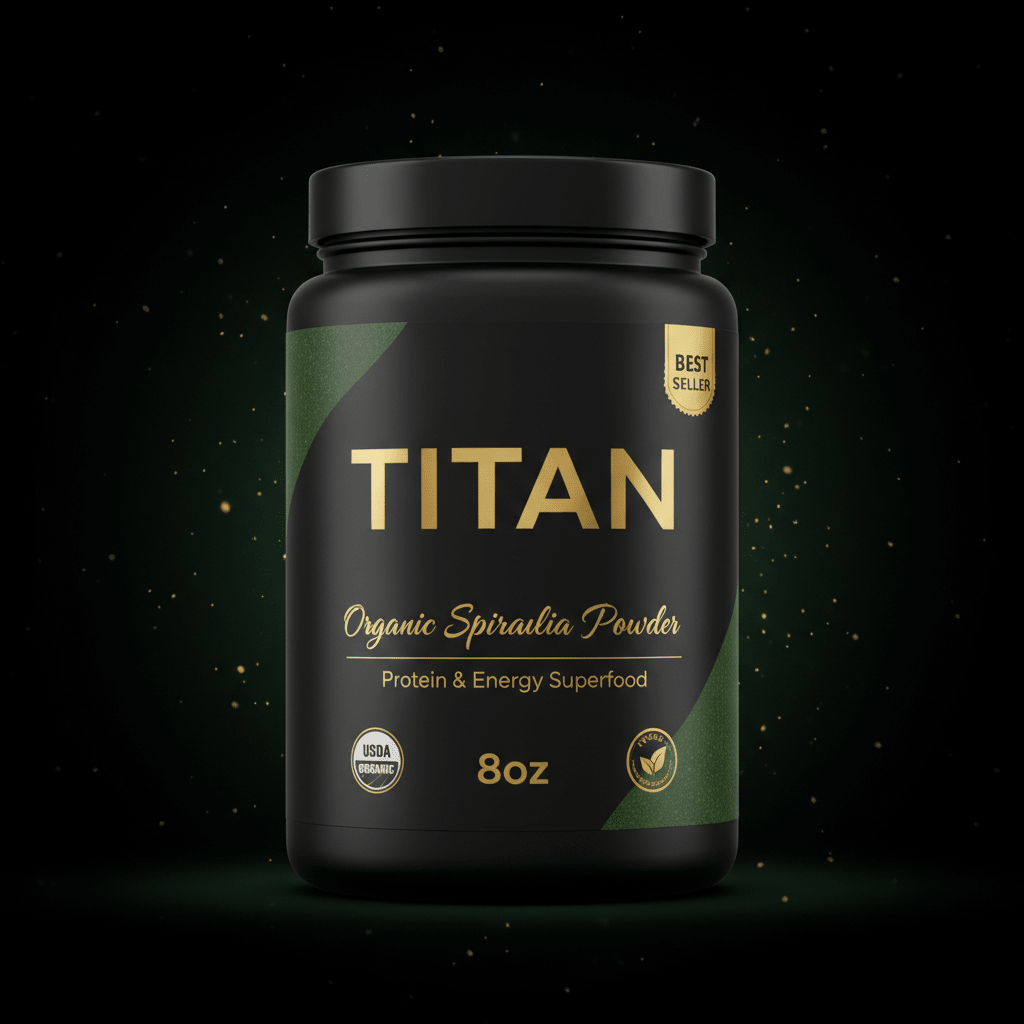 Black jar of TITAN Organic Spirulina Powder with gold text, green accents, and a Best Seller badge on black background.