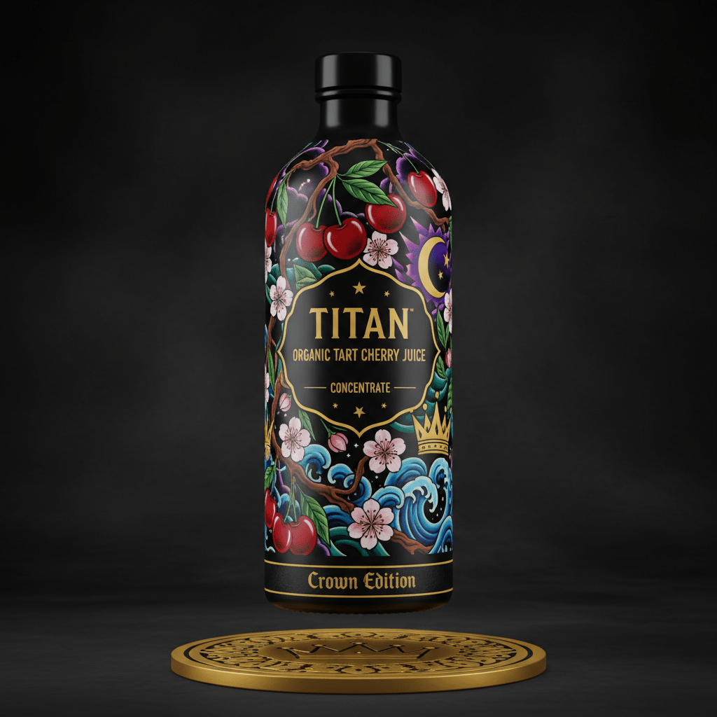TITAN organic tart cherry juice bottle with intricate cherry, blossom, and wave art on a black background over a gold.